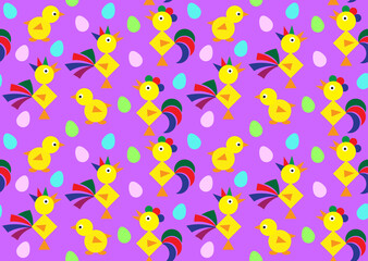 Easter pattern with chickens and hen eggs on a lilac background.Vector graphics for wallpaper, website, textile, fabric, packaging, wrapping paper.