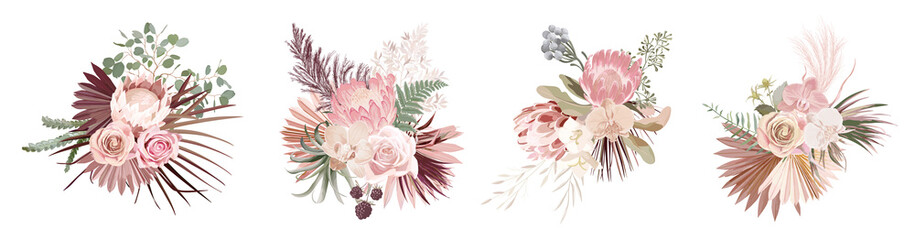 Dried pampas grass, rose, protea, orchid flowers, tropical palm leaves vector bouquets. Pastel watercolor floral