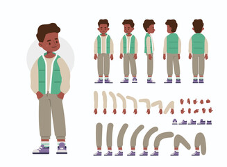 Little Boy Character Constructor for Animation.  Front, Side and Back View. Cute Kid wearing Sleeveless Jacket in Different Postures. Body Parts Collection. Flat Cartoon Vector Illustration.