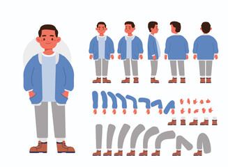 Little Boy Character Constructor for Animation.  Front, Side and Back View. Cute Kid wearing Bomber Jacket in Different Postures. Body Parts Collection. Flat Cartoon Vector Illustration.
