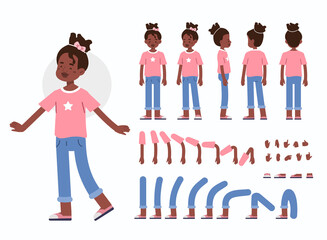Little Girl Character Constructor for Animation.  Front, Side and Back View. Cute Kid wearing Trendy Jeans and T-shirt in Different Postures. Body Parts Collection. Flat Cartoon Vector Illustration. - obrazy, fototapety, plakaty