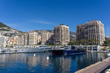 view of the harbor of Cape d'Ail and hotels in the Fontvielle District of Monaco