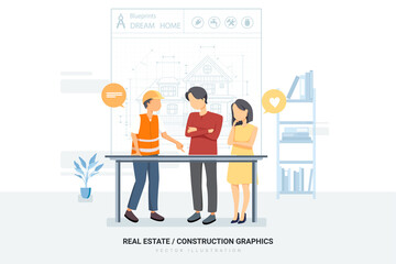 Buyers & construction worker working on a blueprint together