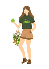 Young girl holding a grocery string bag. Girl with shopping bag. Zero waste, vegetarianism, ecology. No plastic bags. Eco bag with vegetables.