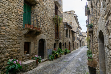 narrow cobblestone street with massive brown stone houses