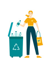 Girl with grocery eco bag is sorting waste, plastic bottles. Save the planet. Zero waste. Eco lifestyle. Isolated on white. Garbage container.