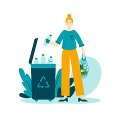 Girl with grocery eco bag is sorting waste, plastic bottles. Save the planet. Zero waste. Eco lifestyle. Isolated on white. Garbage container.