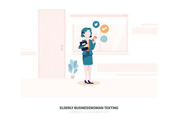 Elderly Businesswoman Texting Vector Illustration concept. 