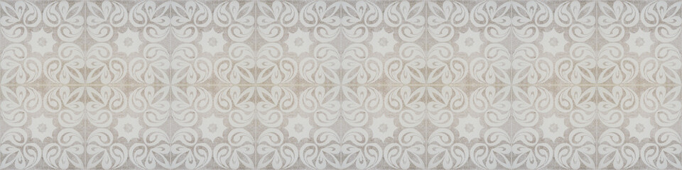 Gray white bright vintage retro geometric square mosaic motif cement concrete tiles texture background banner panorama, with floral flower leaf print