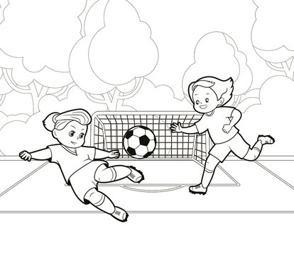 Coloring book: girls play women's football by kicking the ball. Vector illustration in cartoon style, black and white isolated ain art