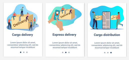 Modern flat illustrations in the form of a slider for web design. A set of UI and UX interfaces for the user interface.Express delivery of cargo.