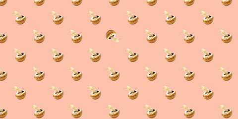 Champignons seamless pattern on beige background, flat lay.