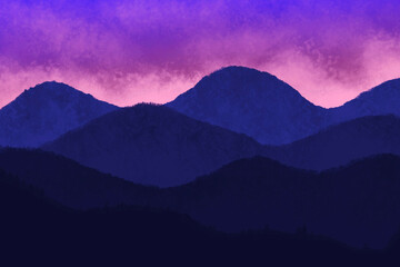 Blue mountain landscape. Sunrise and sunset. Natural background with vast landscapes, horizon, skies and dense lush forest. Travel, adventure, calm energy concept. Outdoor layout design.