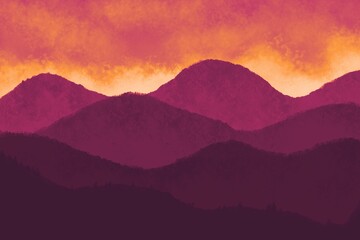 Fototapeta premium Beautiful dark red and orange mountain landscape. Sunrise and sunset in mountains. Natural background in Japanese style. Travel, adventure, calm energy concept. Outdoor layout design in oriental style