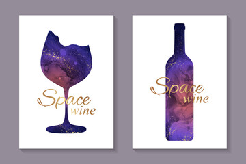 Modern abstract luxury card templates for wine tasting invitation or bar and restaurant menu or banner or logo with  wineglass and bottle in space style on a white background.