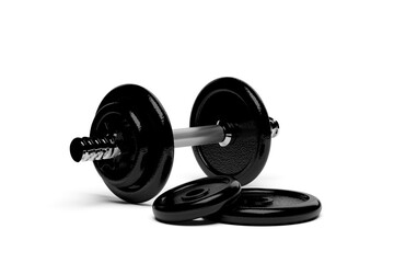 Obraz na płótnie Canvas Fitness gym dumbbell with chrome handle and black plates in front over white background, muscle exercise, bodybuilding or fitness concept