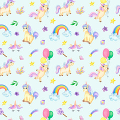 watercolor pattern with unicorns on a blue background