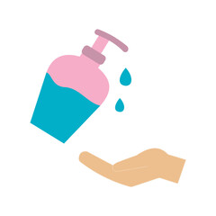 Hand disinfection. Liquid soap and hands in blue tones. Removal of microorganisms and dirt from the skin. Regular hand washing with soap and hand sanitizer. 