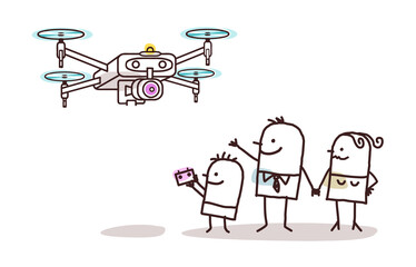 Cartoon Family playing with a Flying drone