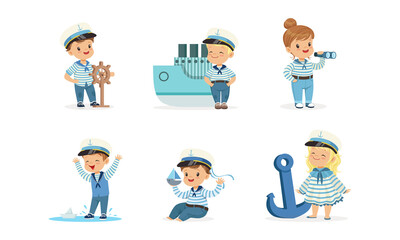 Cute Little Boys and Girls in Sailor Costumes Set Cartoon Vector Illustration