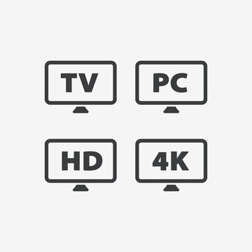 TV, Computer PC, HD and 4K Flat Design Icon Set