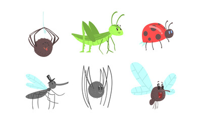 Cute Funny Insects Set, Ladybug, Spider, Grasshopper, Mosquito, Fly Cartoon Vector Illustration