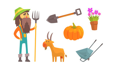 Set of Male Farmer Character with Farm Tools, Agriculture, Gardening, Cattle Breeding Cartoon Vector Illustration
