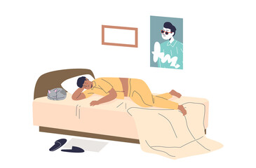 Man sleeping in bed all day during lazy weekend. Tired guy lying in bedroom resting