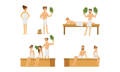 Set of Happy People Relaxing in Hot Sauna Set, Young Men and Women Bathing with Bath Broom Cartoon Vector Illustration