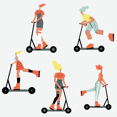 Vector illustration with woman riding kick scooter. Cartoon charcater.