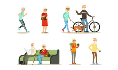 Obraz na płótnie Canvas Elderly People Activity Set, Senior Men and Women Walking in Park, Running Bike, Jogging, Traveling Cartoon Vector Illustration