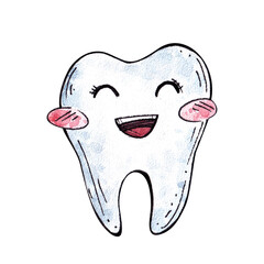 watercolor illustration of a cute tooth on a white background. healthy tooth. cute character. dentistry. children's hand drawing.
