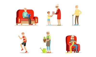 Elderly People Activity Set, Senior Men and Women Walking, Jogging, Knitting, Reading Books, Gardening Cartoon Vector Illustration