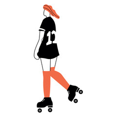 Vector illustration with roller skating woman. Cartoon character doing sport.