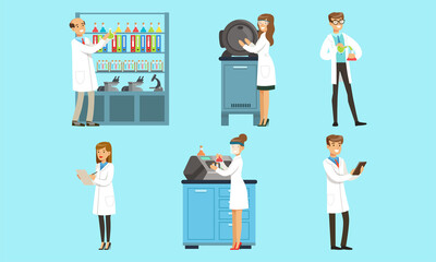 Scientists Wearing White Coats Doing Experiments in Science Laboratory Set, Men and Women Chemists Researching in Chemical Lab Cartoon Vector Illustration