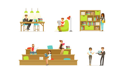 Set of Freelance People or Students Working, Learning or Studying at Home or Open Space Office Cartoon Vector Illustration