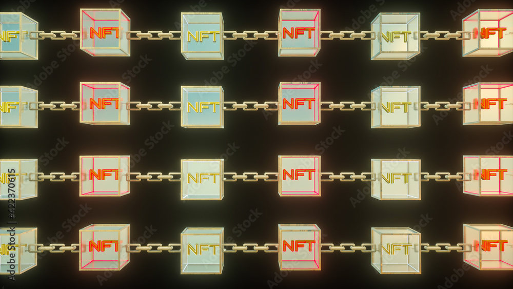 Poster three-dimensional transparent cubes with the word nft connected by a chain on a dark background. con