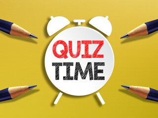 Quiz time concept, alarm clock panel with pencils on yellow background	