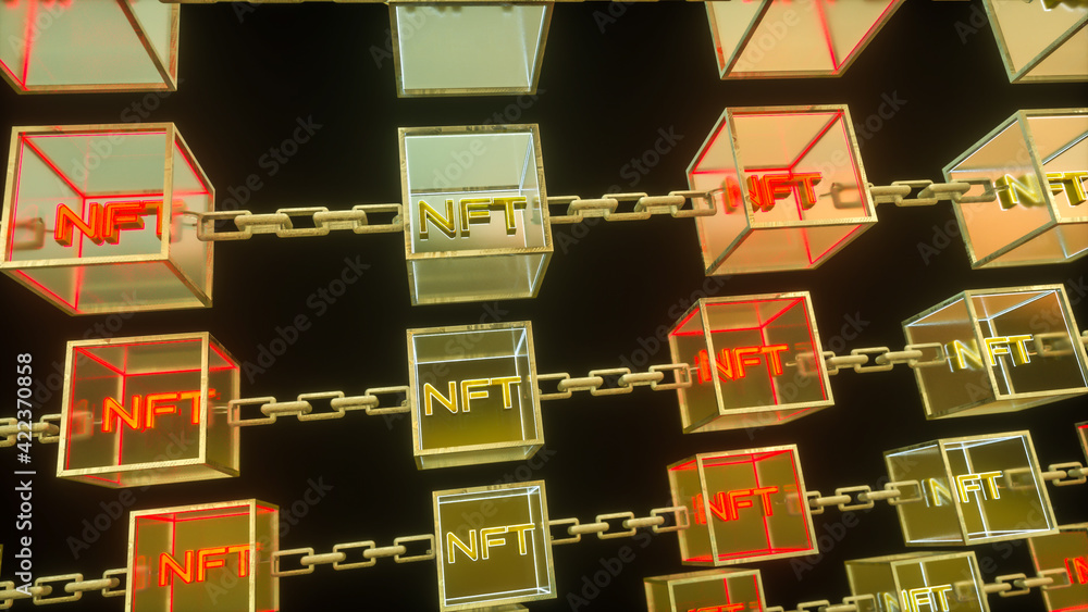 Poster three-dimensional transparent cubes with the word nft connected by a chain on a dark background. con