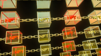 three-dimensional transparent cubes with the word nft connected by a chain on a dark background. concept block chain and crypto art. 3d render illustration