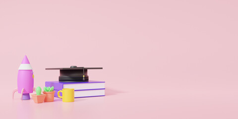 Graduation cap and book rocket. Education online concept. pink background for banner website application page template. copy space. 3d rendering