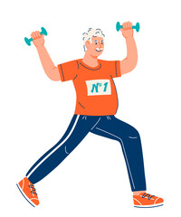 Funny elderly senior man of retirement age keep fit and health through sport exercises, cartoon flat vector illustration isolated on white background.