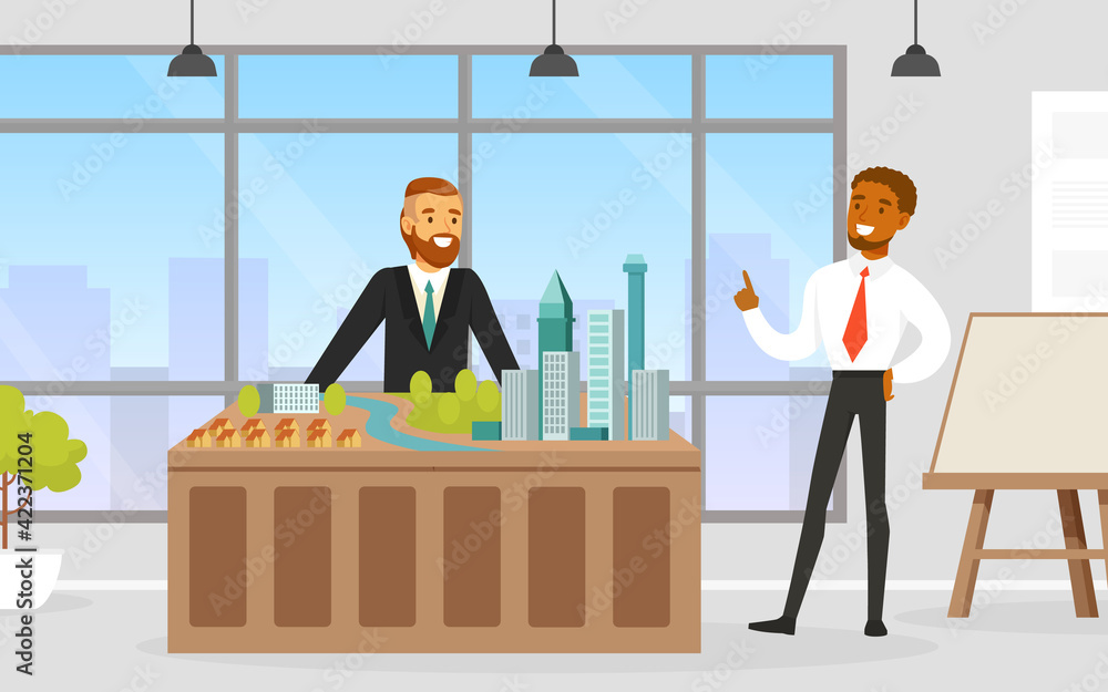 Poster man architect presenting architectural model or maquette of future building vector illustration