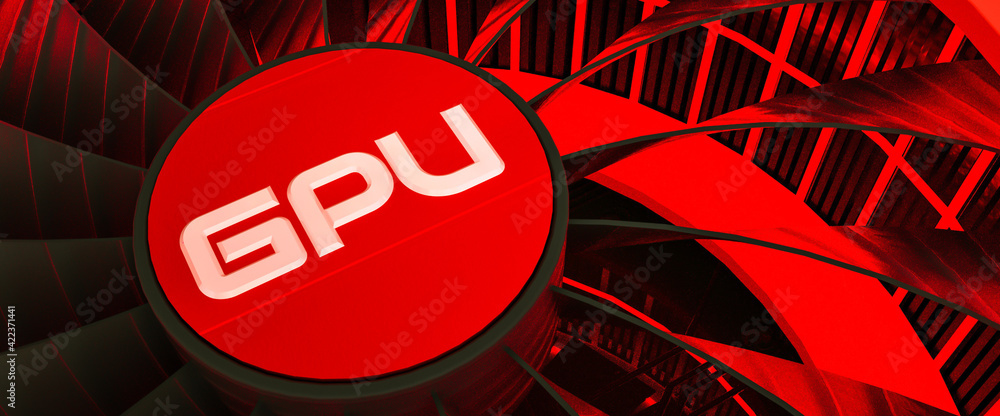 Poster 3d model of a cooler with neon illumination close-up. gpu adapter. 3d render illustration