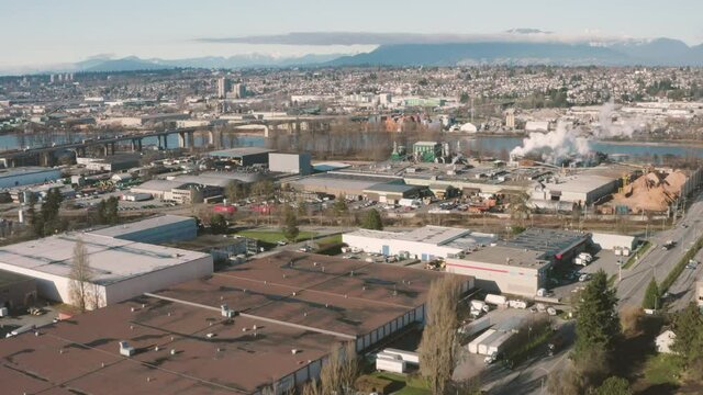 Aerial Flying Toward The Fraser River In Richmond, British Columbia.