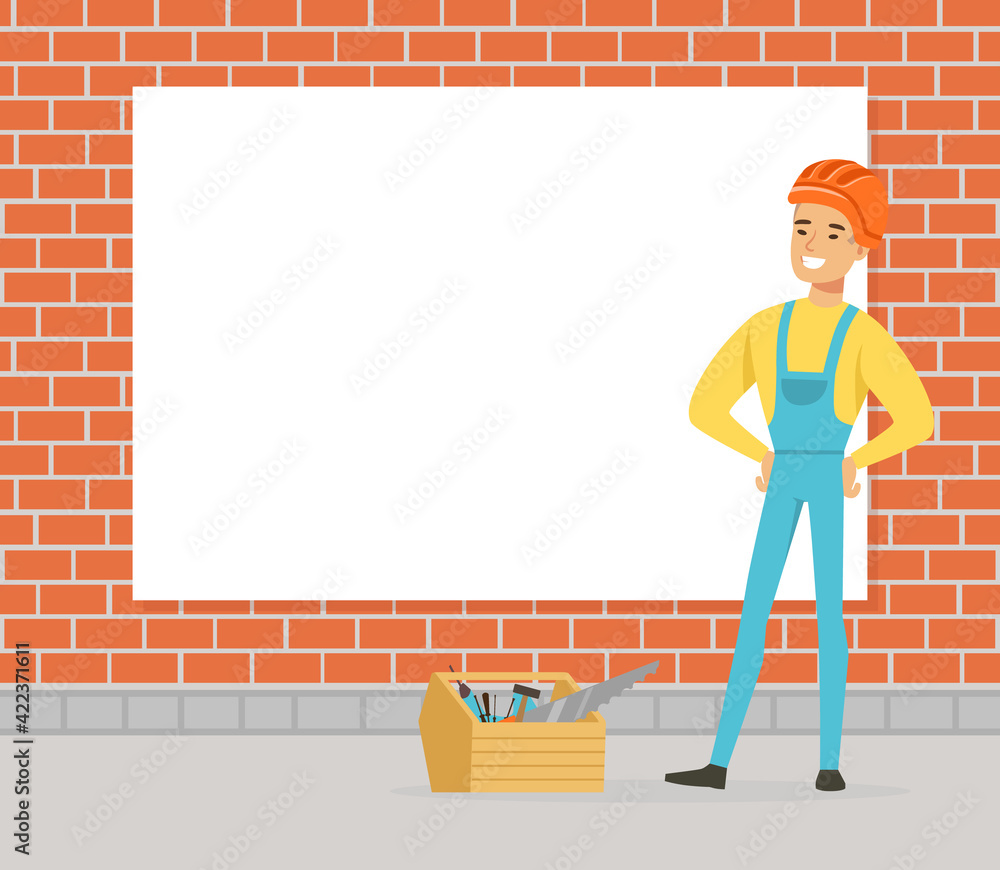 Poster man constructor in hard hat standing near brick wall with box full of instruments vector illustratio