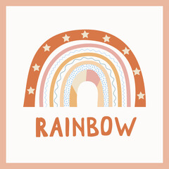 A boho style rainbow with decorative elements. Hand drawn lettering. Minimalist abstract Scandinavian design in pastel colors. Vector illustration for greeting cards, invitations, clothing print