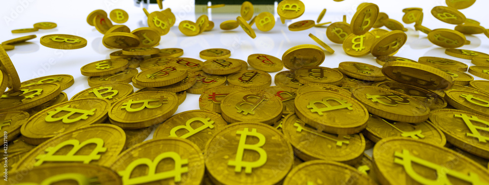 Aufkleber gold coins with bitcoin symbol are pouring out of a 3d model of a video card on a white background. 