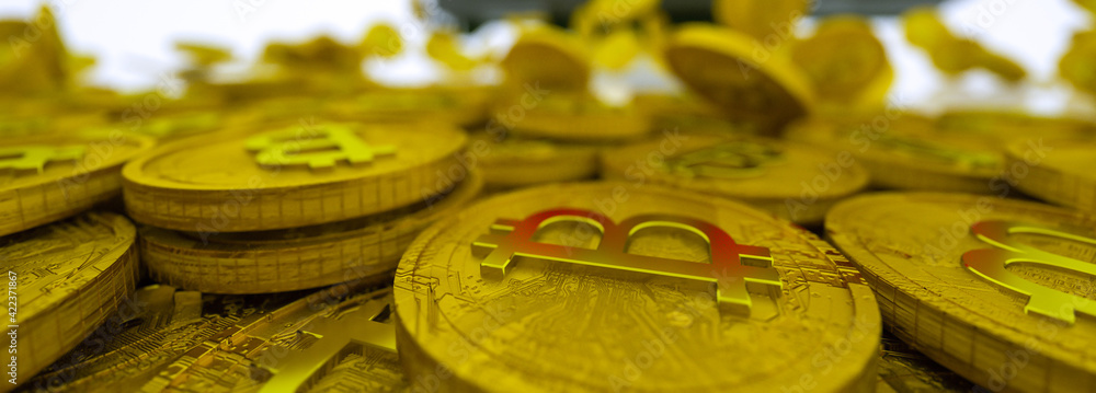 Aufkleber gold coins with bitcoin symbol are pouring out of a 3d model of a video card on a white background. 