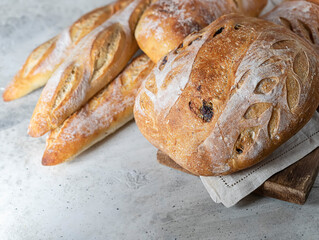 Fresh baked homemade bread on concrete background.Organic bread fresh. Homemade sourdough bread.